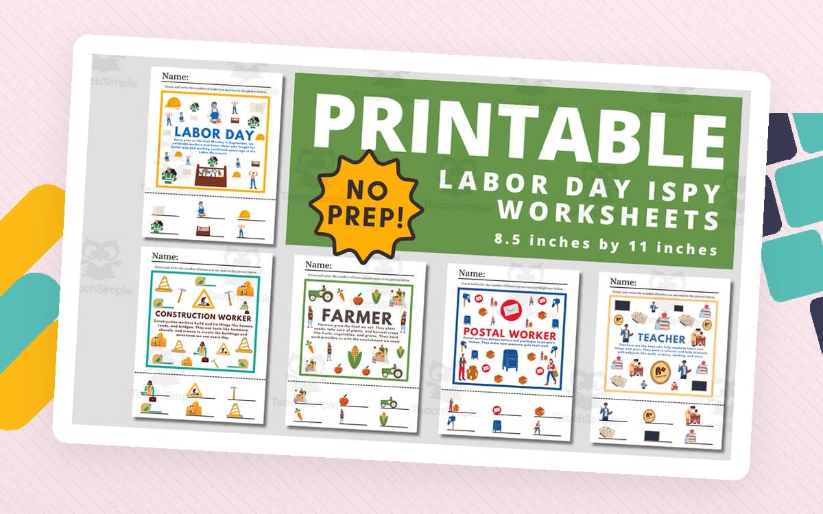 An educational teaching resource from Teacher Jenny entitled Labor Day iSpy Printable Worksheets downloadable at Teach Simple.