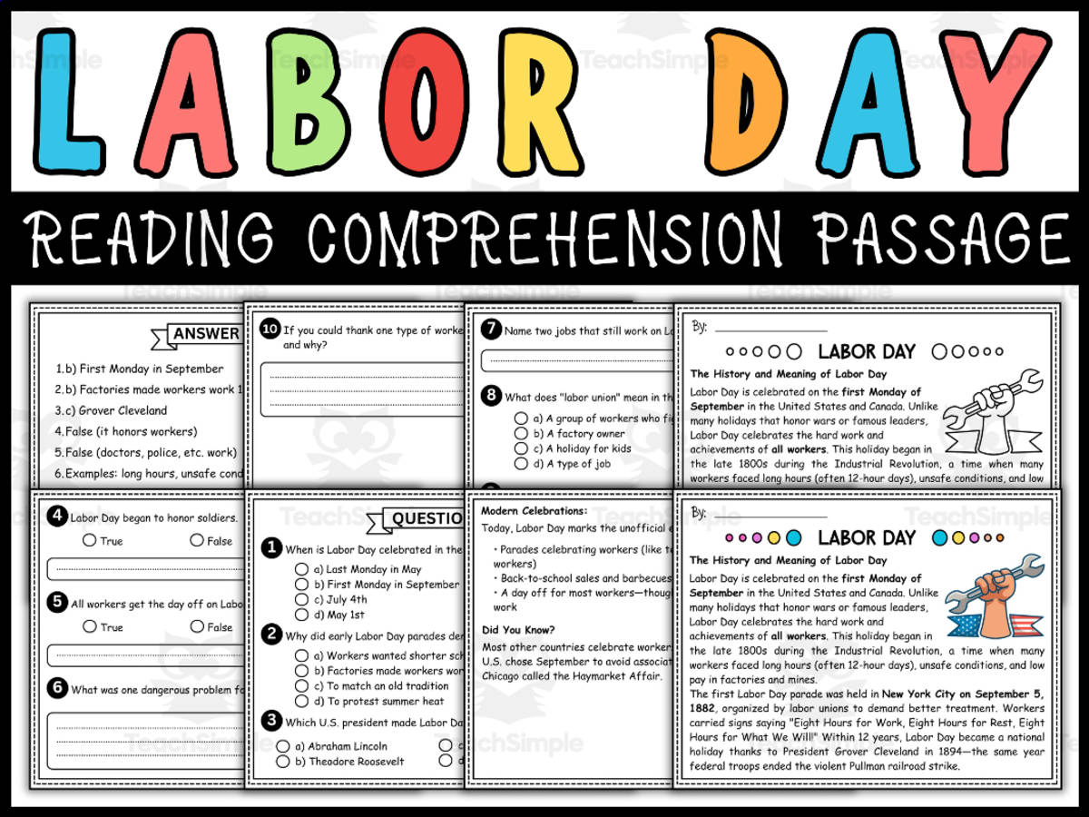 An educational teaching resource from Wonderland School entitled Labor Day Reading Comprehension Passage and Questions downloadable at Teach Simple.