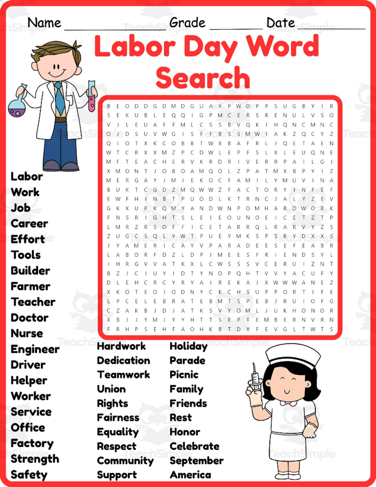 An educational teaching resource from Classsimple entitled Labor Day Word Search 2rd 3th 4th 5th Grade worksheet activity downloadable at Teach Simple.