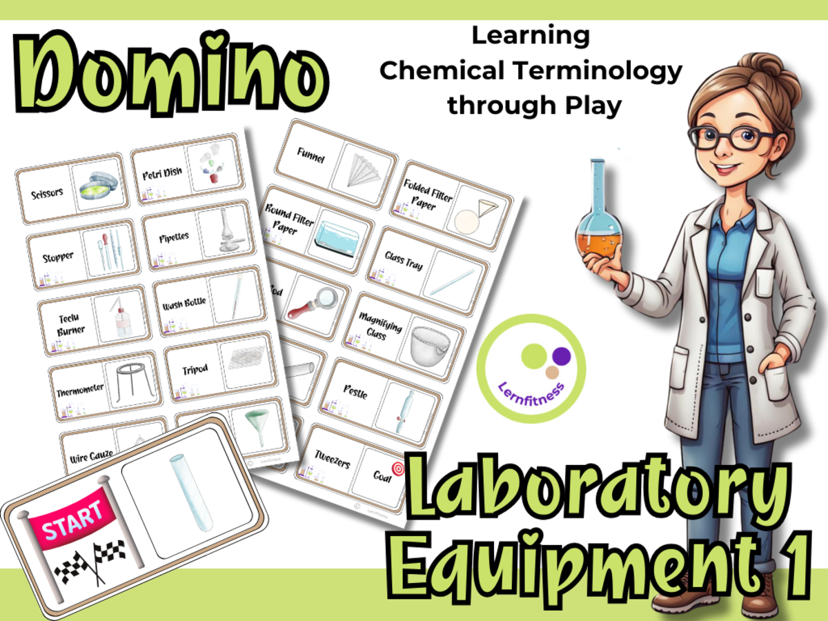 An educational teaching resource from Lernfitness entitled Laboratory Equipment Domino 1 Science Game for Chemistry Physics & Bio downloadable at Teach Simple.