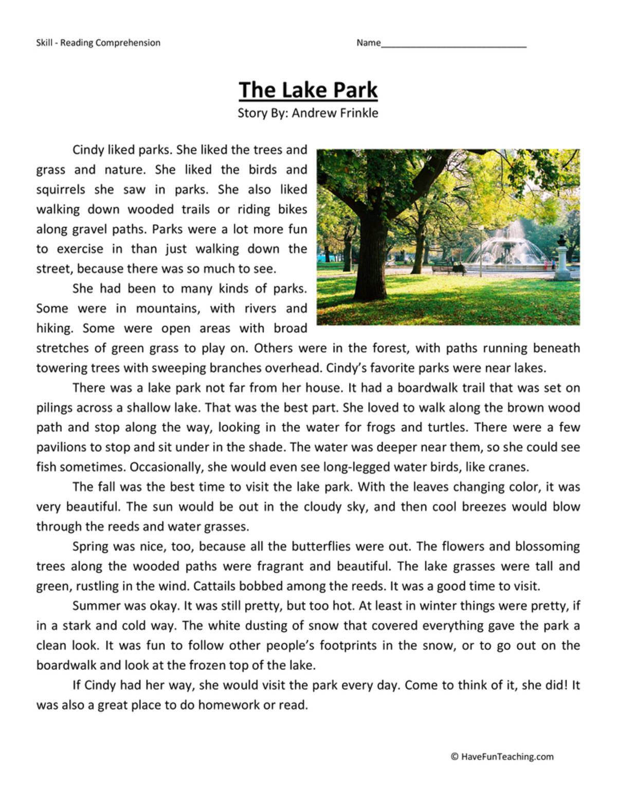 An educational teaching resource from Have Fun Teaching entitled Lake Park Reading Comprehension Worksheet downloadable at Teach Simple.