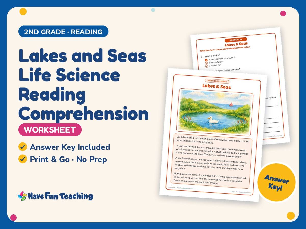 Lakes and Seas Life Science Reading Worksheet – 2nd Grade Environments preview