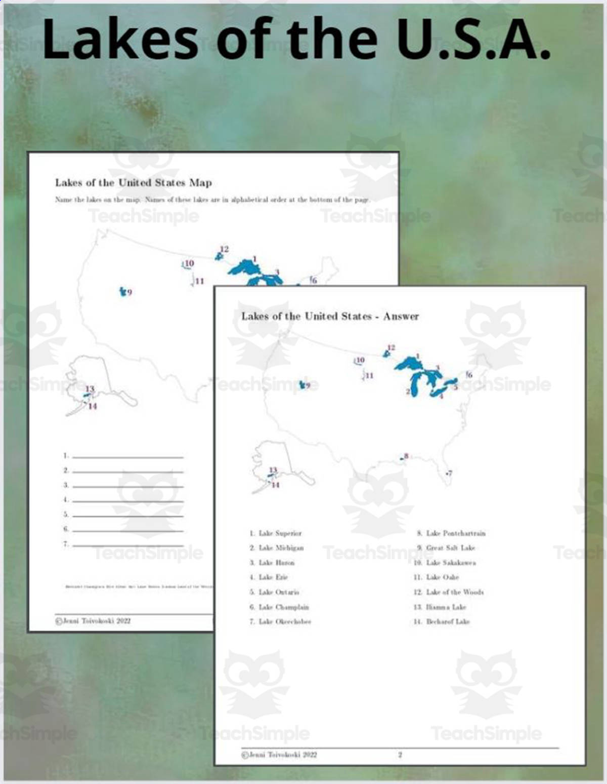 An educational teaching resource from TheBrightestKid entitled Lakes of USA Map downloadable at Teach Simple.