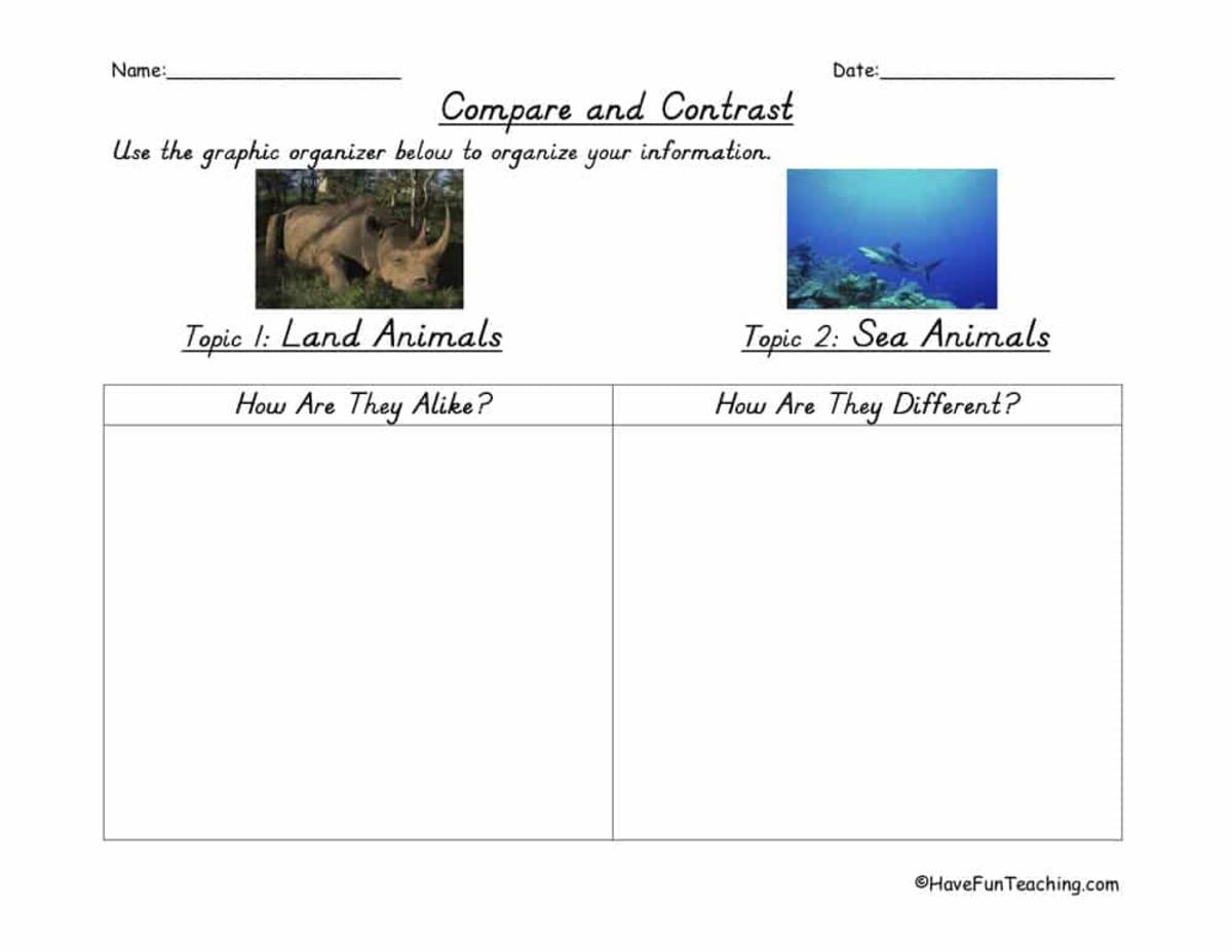An educational teaching resource from Have Fun Teaching entitled Land and Sea Animals Compare and Contrast Graphic Organizer downloadable at Teach Simple.