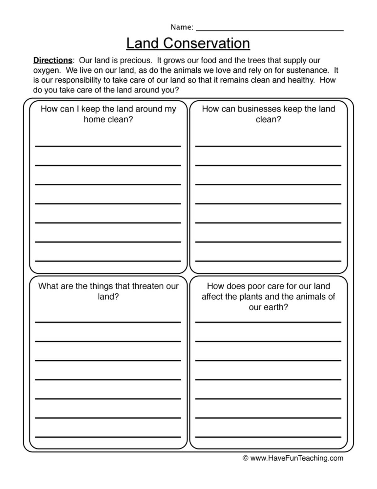 An educational teaching resource from Have Fun Teaching entitled Land Conservation Worksheet downloadable at Teach Simple.