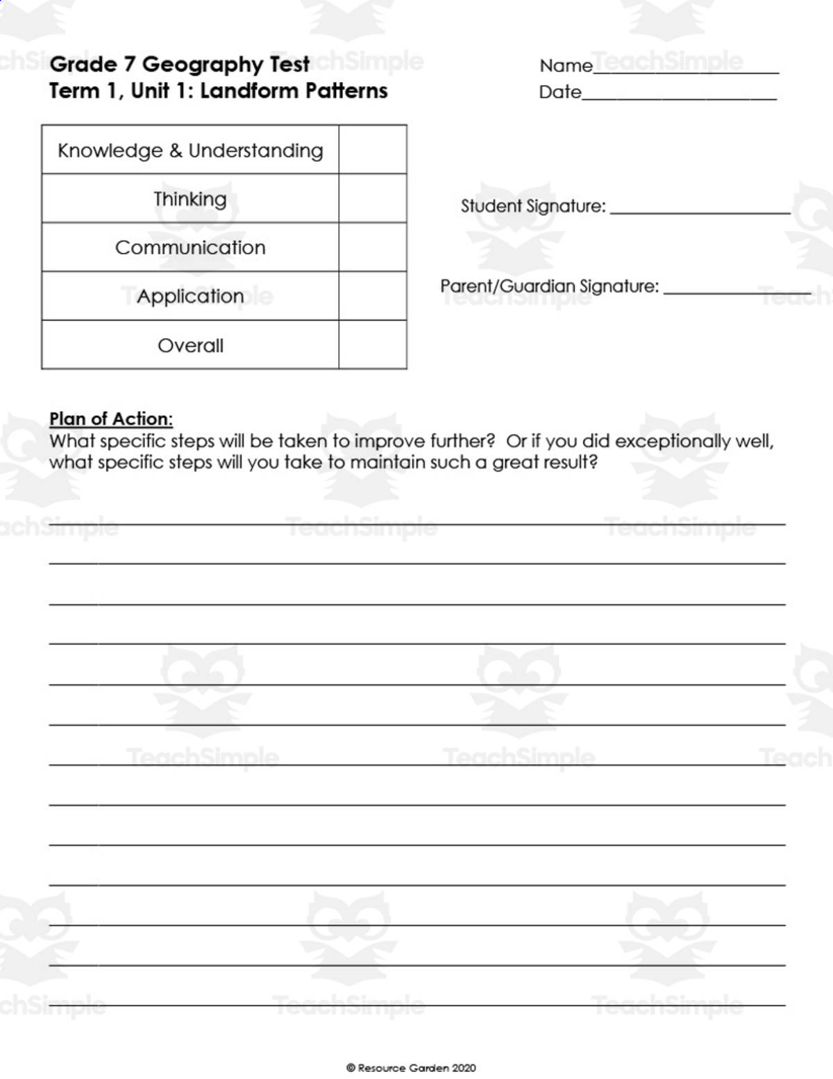 An educational teaching resource from Resource Garden entitled Landform Patterns Review and Test downloadable at Teach Simple.