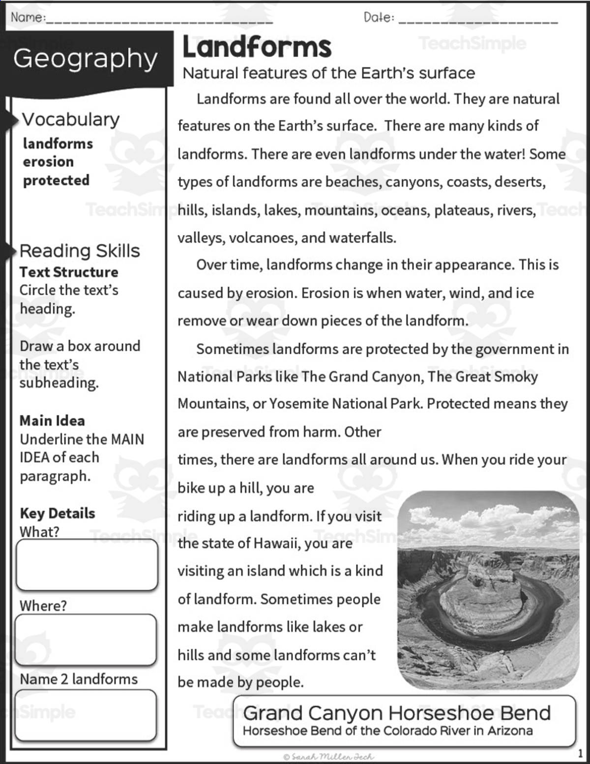 An educational teaching resource from Sarah Miller Tech entitled Landforms Reading Packet downloadable at Teach Simple.