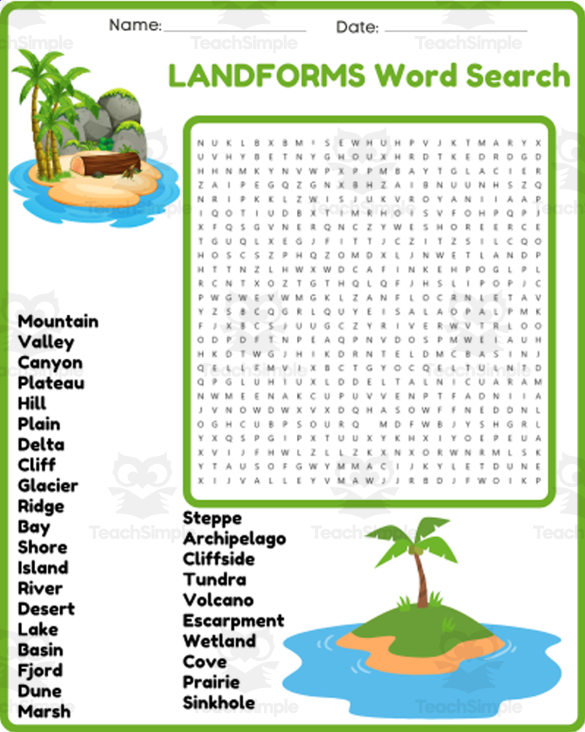 An educational teaching resource from space shope entitled LANDFORMS Word Search Puzzle Worksheet Activity - Geography Terms Bell downloadable at Teach Simple.