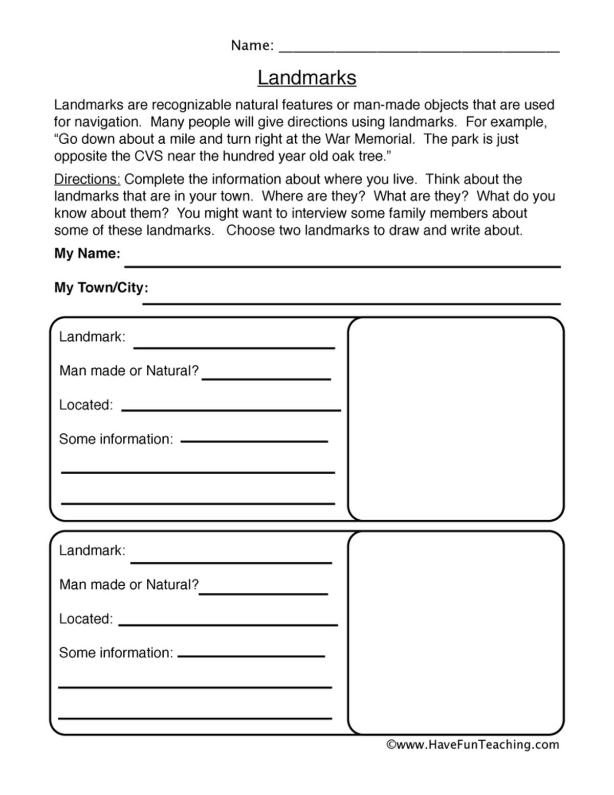 An educational teaching resource from Have Fun Teaching entitled Landmarks Worksheet downloadable at Teach Simple.