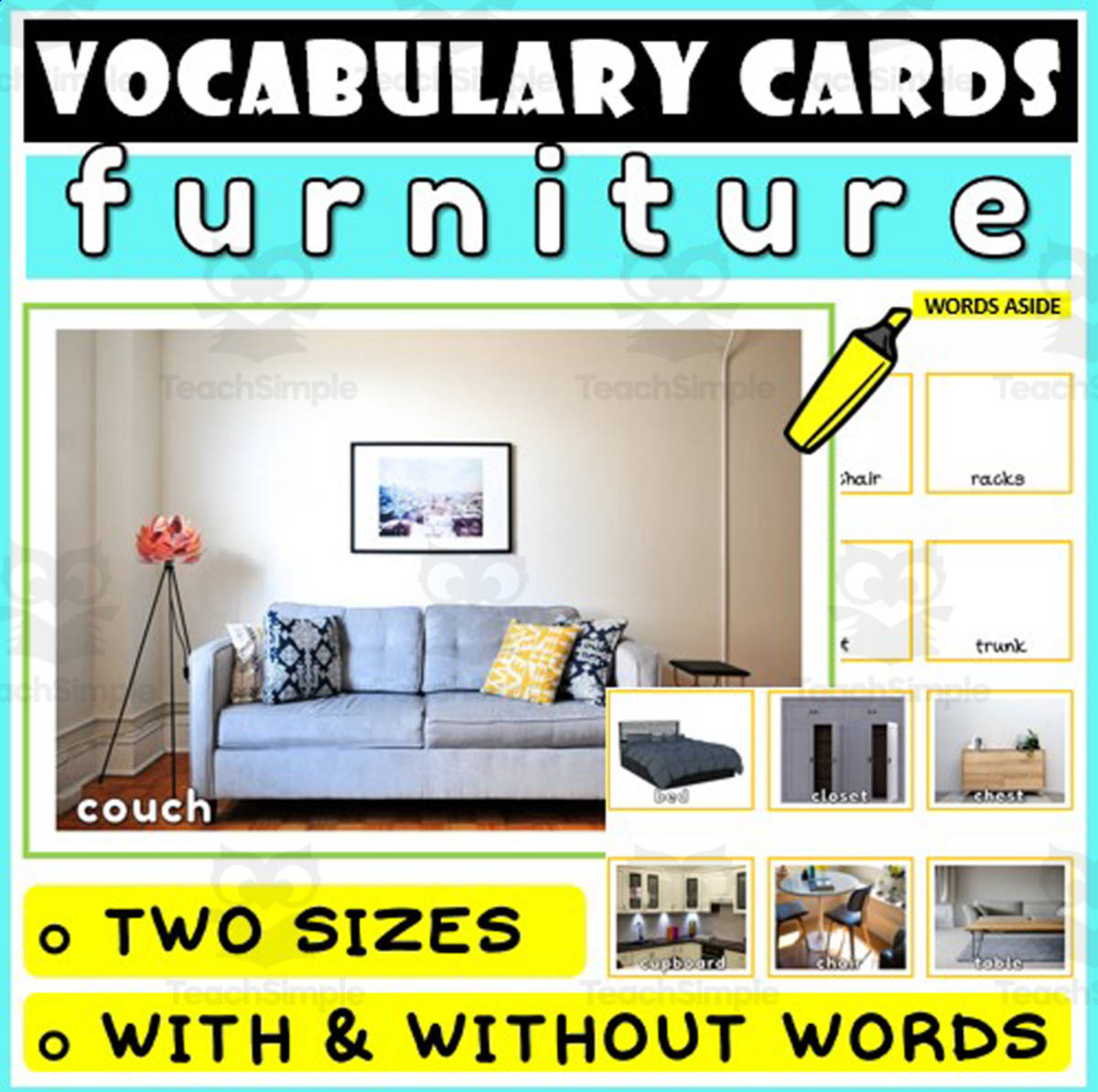 An educational teaching resource from WORDS ASIDE entitled Language Vocabulary Flashcards ESL 5 downloadable at Teach Simple.