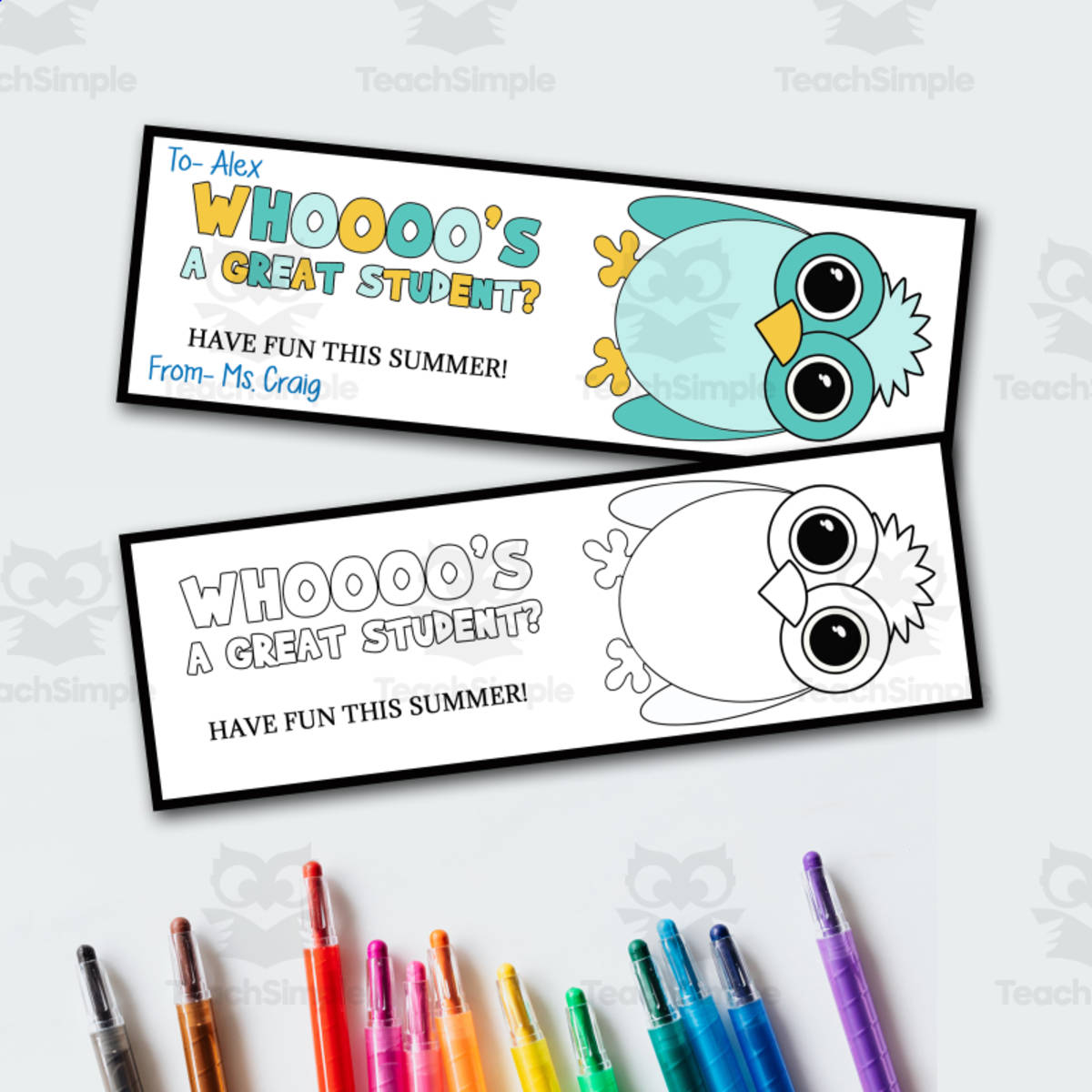 An educational teaching resource from Forever June Digital Design entitled Last Day of School Gift from Teacher, End of Year Owl Bookmarks downloadable at Teach Simple.