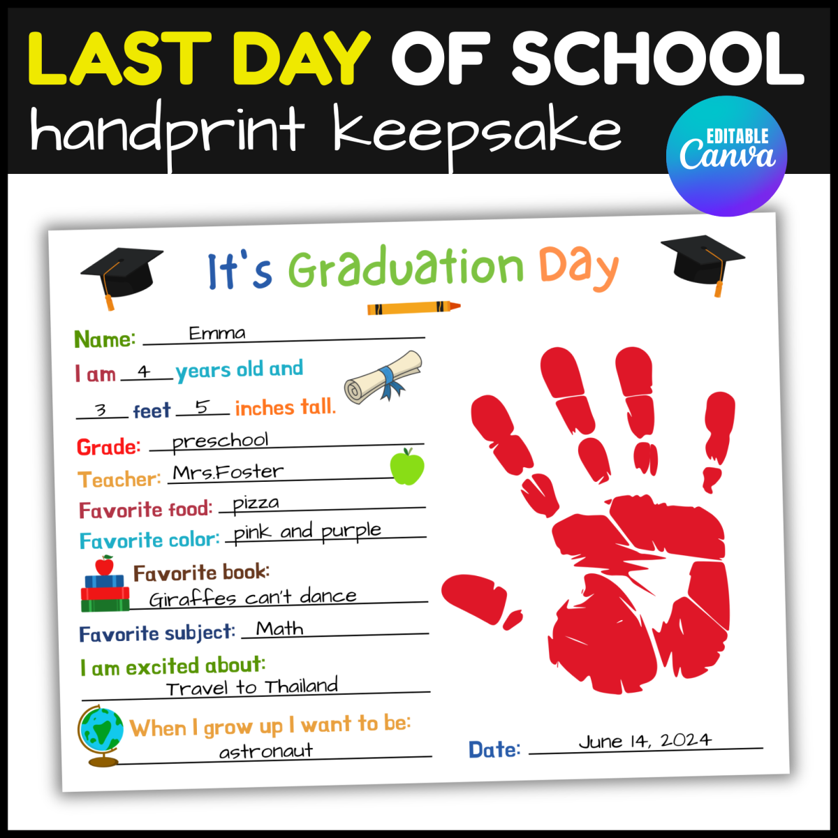 An educational teaching resource from screenzro entitled Last Day Of School Handprint Craft Poem Keepsake For Preschool downloadable at Teach Simple.