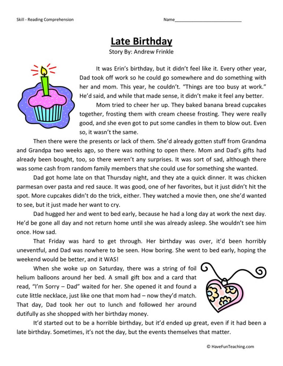 An educational teaching resource from Have Fun Teaching entitled Late Birthday Reading Comprehension Worksheet downloadable at Teach Simple.