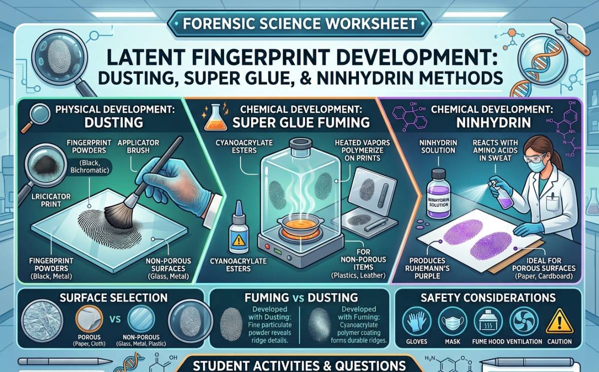 An educational teaching resource from Creative Book Store entitled Latent Fingerprint Development Dusting, Super Glue, Ninhydrin downloadable at Teach Simple.