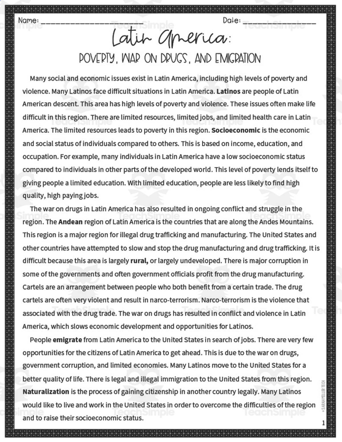 An educational teaching resource from Sarah Miller Tech entitled Latin America: Poverty, War on Drugs + Emigration Reading Packet downloadable at Teach Simple.
