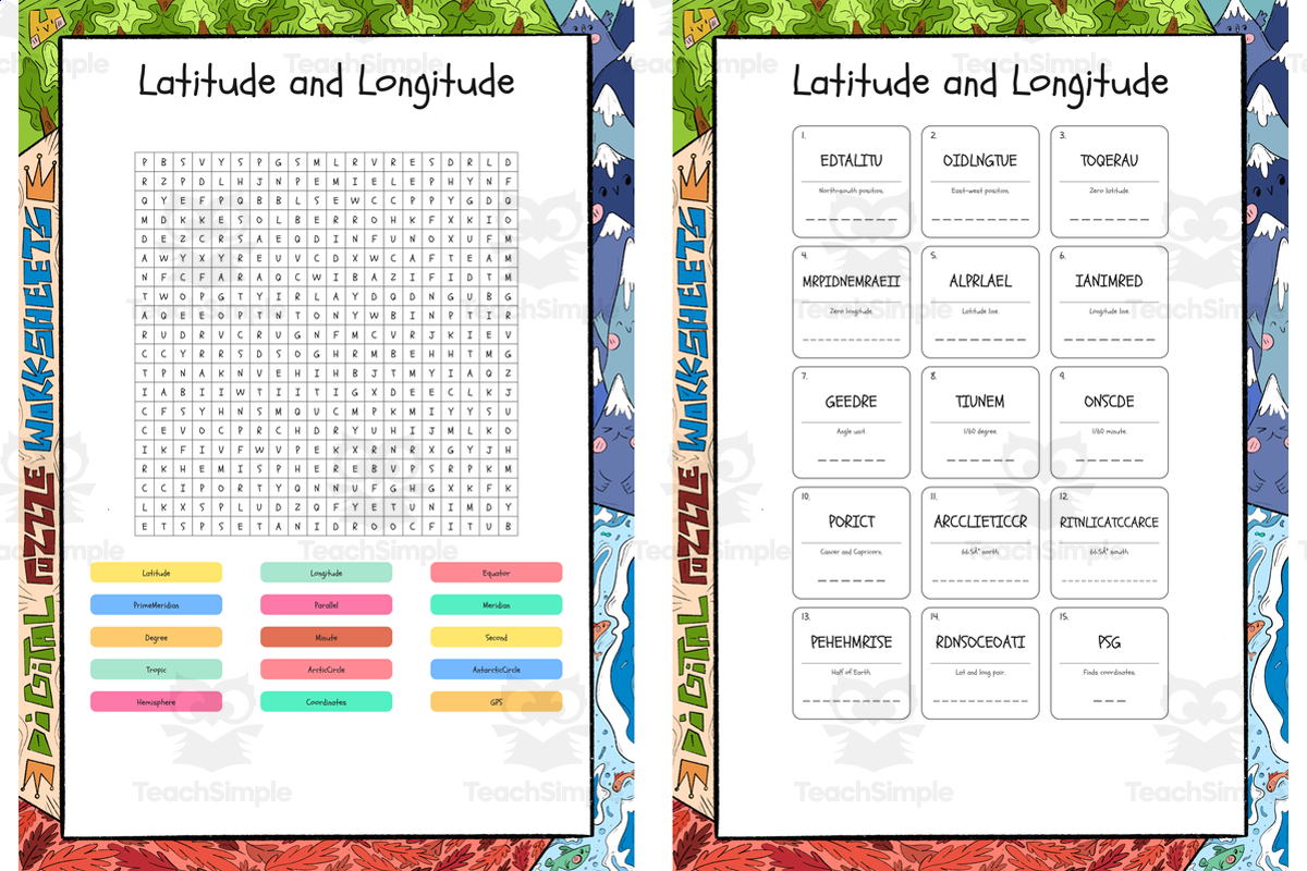 An educational teaching resource from Lapiiin Art Activities entitled Latitude and Longitude word search, scramble and crossword puzzle downloadable at Teach Simple.