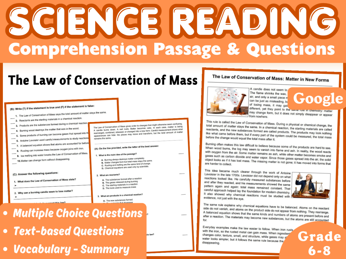 An educational teaching resource from Middle & High School - CORED Education entitled Law of Conservation of Mass: Science Reading Comprehension (Docs) downloadable at Teach Simple.