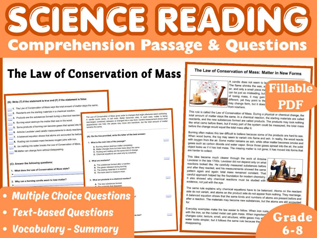An educational teaching resource from Middle & High School - CORED Education entitled Law of Conservation of Mass Science Reading Comprehension Fillable PDF downloadable at Teach Simple.