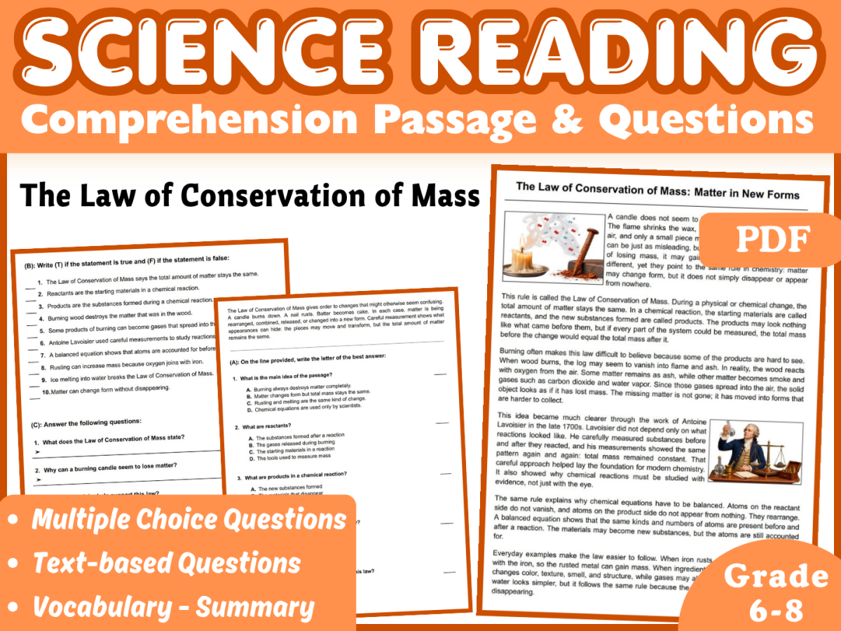 An educational teaching resource from Middle & High School - CORED Education entitled Law of Conservation of Mass: Science Reading Comprehension (PDF) downloadable at Teach Simple.