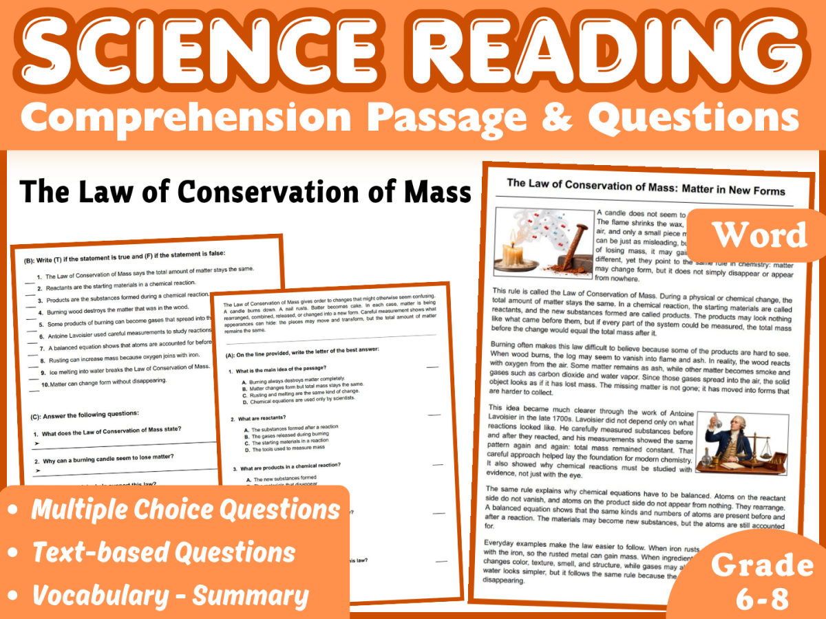 An educational teaching resource from Middle & High School - CORED Education entitled Law of Conservation of Mass: Science Reading Comprehension (Word) downloadable at Teach Simple.