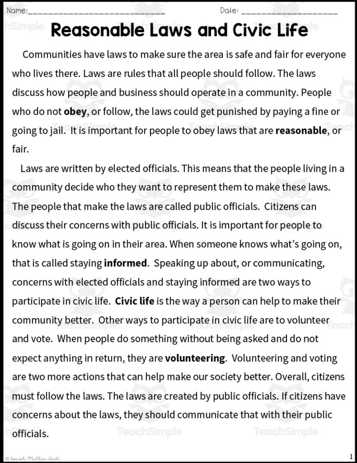 An educational teaching resource from Sarah Miller Tech entitled Laws and Civil Life Reading Packet downloadable at Teach Simple.