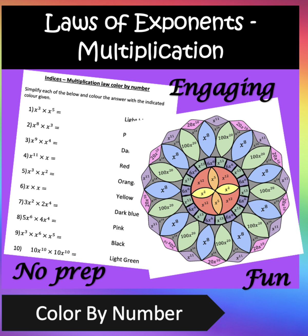 An educational teaching resource from Mrs. B Secondary Math entitled Laws of Exponents Color by Number Activity downloadable at Teach Simple.
