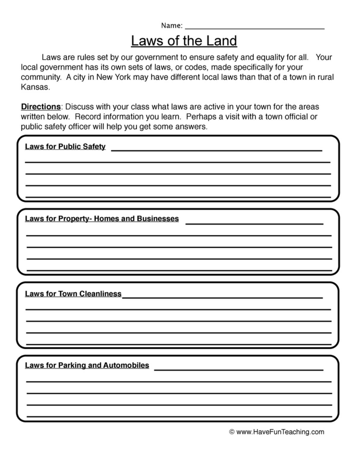 An educational teaching resource from Have Fun Teaching entitled Laws of the Land Worksheet downloadable at Teach Simple.