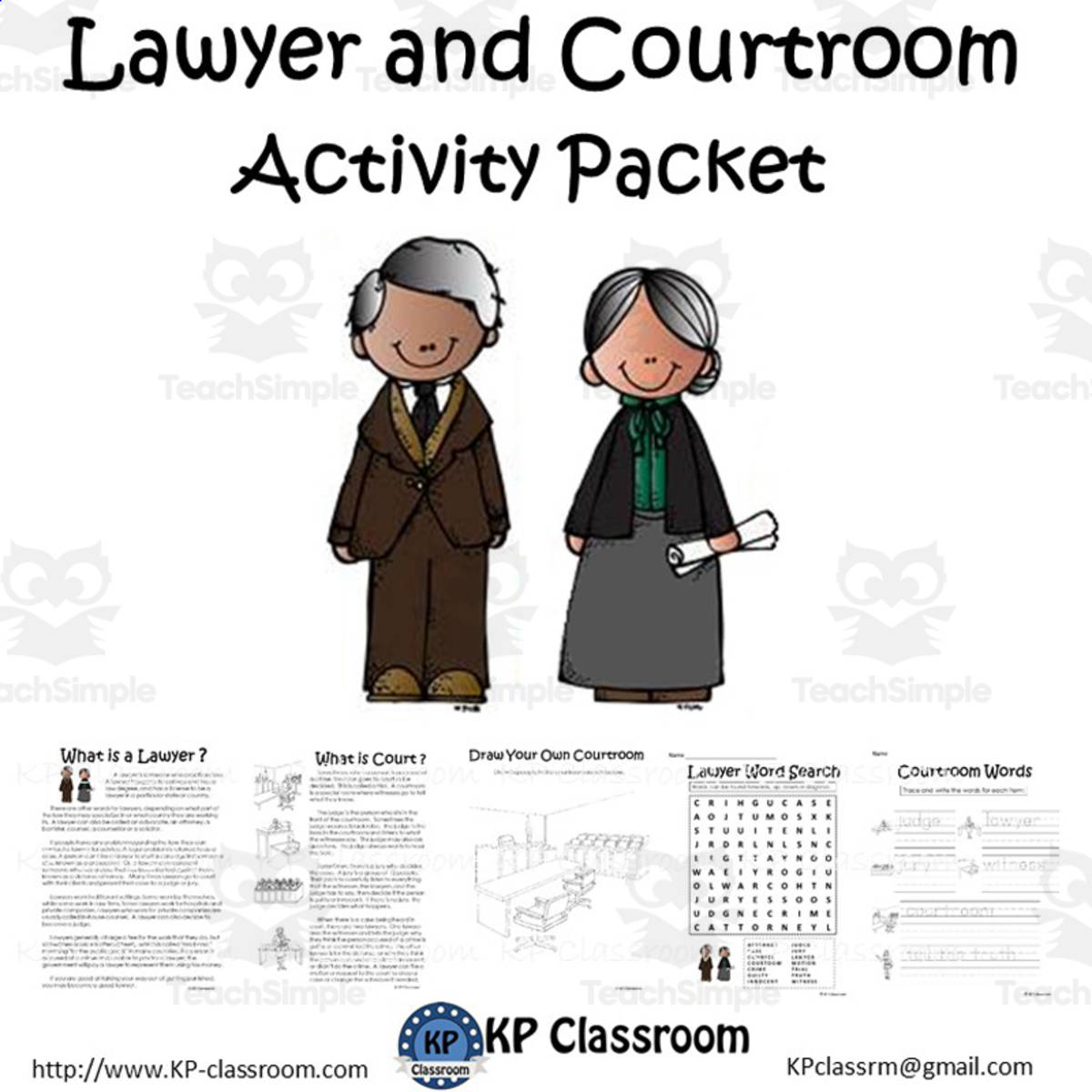 An educational teaching resource from KP Classroom entitled Lawyer and Courtroom Activity Packet and Worksheets downloadable at Teach Simple.