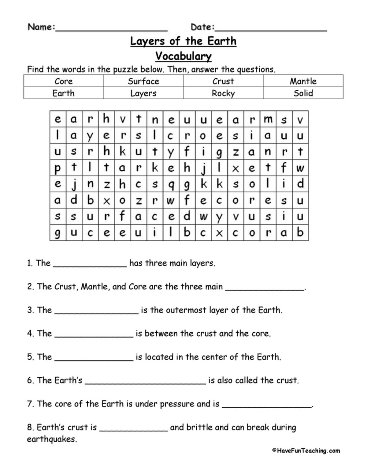 An educational teaching resource from Have Fun Teaching entitled Layers of the Earth Word Search Worksheet downloadable at Teach Simple.