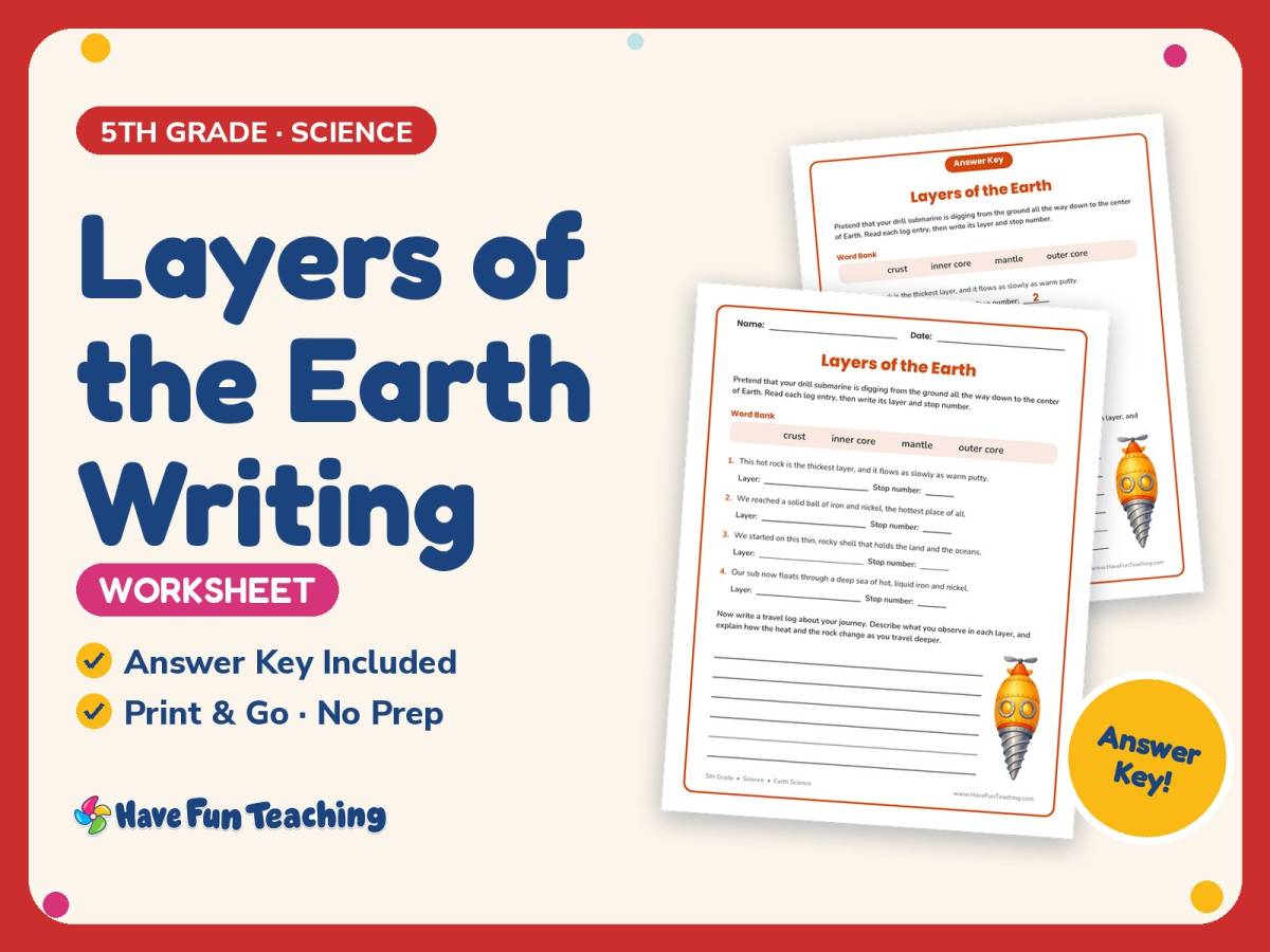 Layers of the Earth Writing Worksheet – 5th Grade Rocks Practice preview