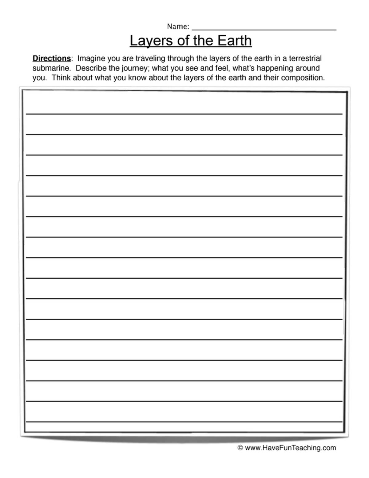 An educational teaching resource from Have Fun Teaching entitled Layers of the Earth Writing Worksheet downloadable at Teach Simple.