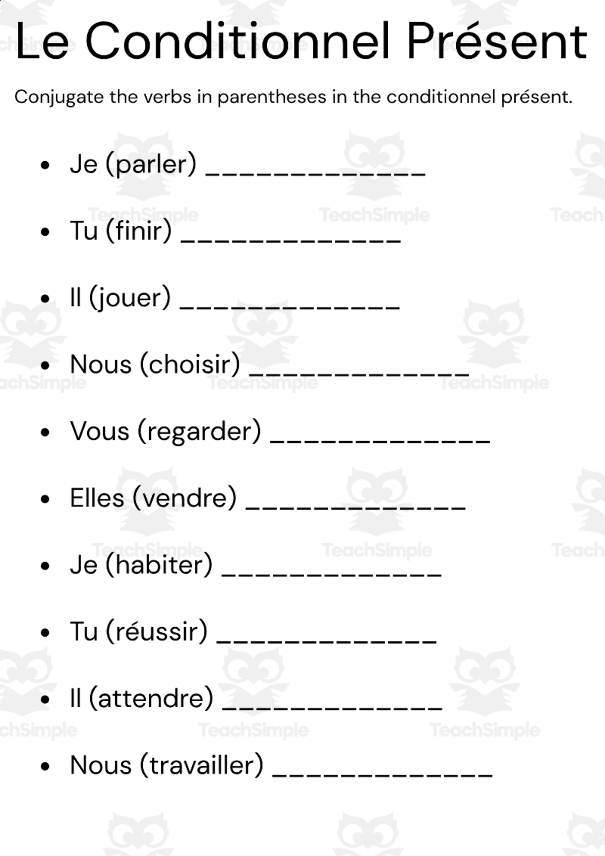 An educational teaching resource from MultiLingual Grammar Lab entitled Le Conditionnel Présent exercices et corrigés downloadable at Teach Simple.