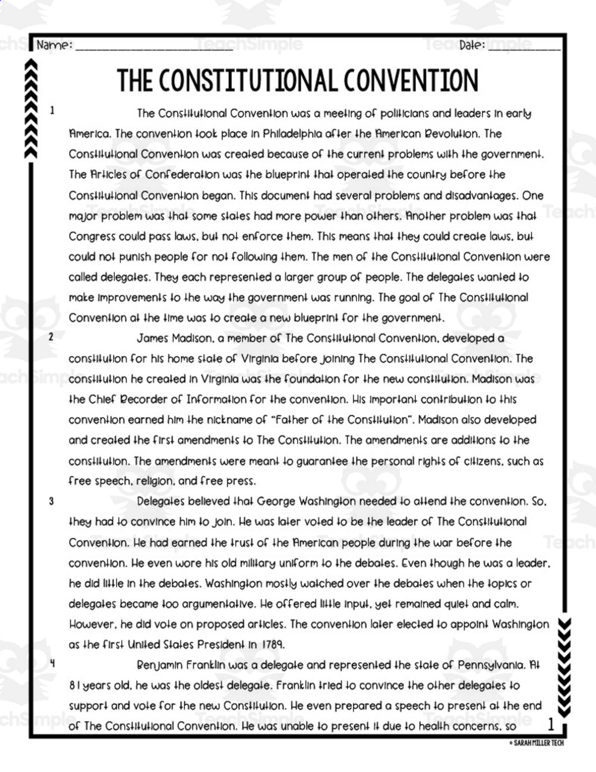 An educational teaching resource from Sarah Miller Tech entitled Leaders of the Constitutional Convention Reading Packet downloadable at Teach Simple.