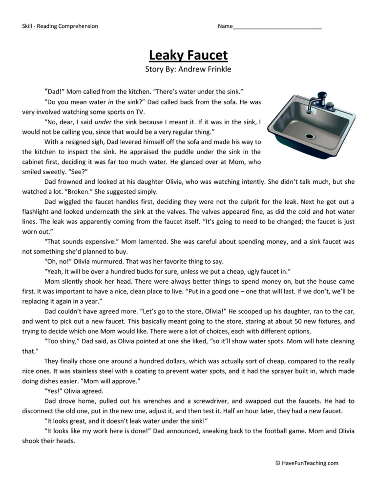 An educational teaching resource from Have Fun Teaching entitled Leaky Faucet Reading Comprehension Worksheet downloadable at Teach Simple.