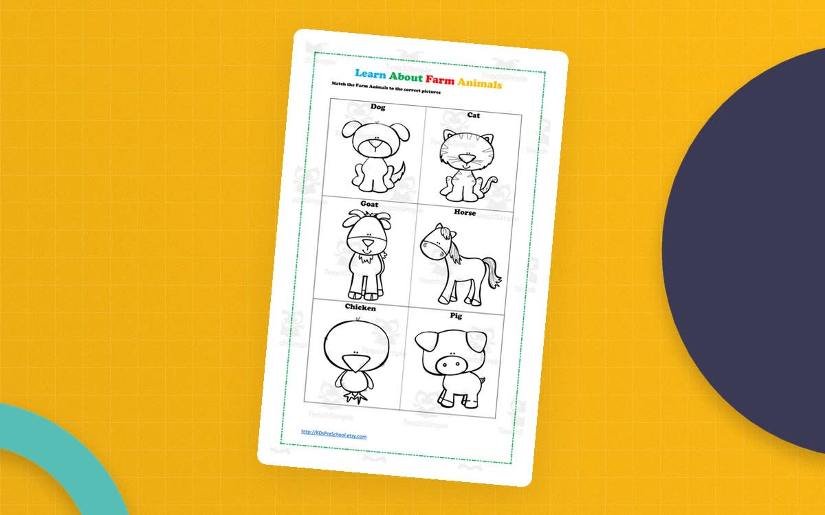 An educational teaching resource from KD's Kids School Shop entitled Farm Animals Matching Worksheet – Cut & Paste downloadable at Teach Simple.