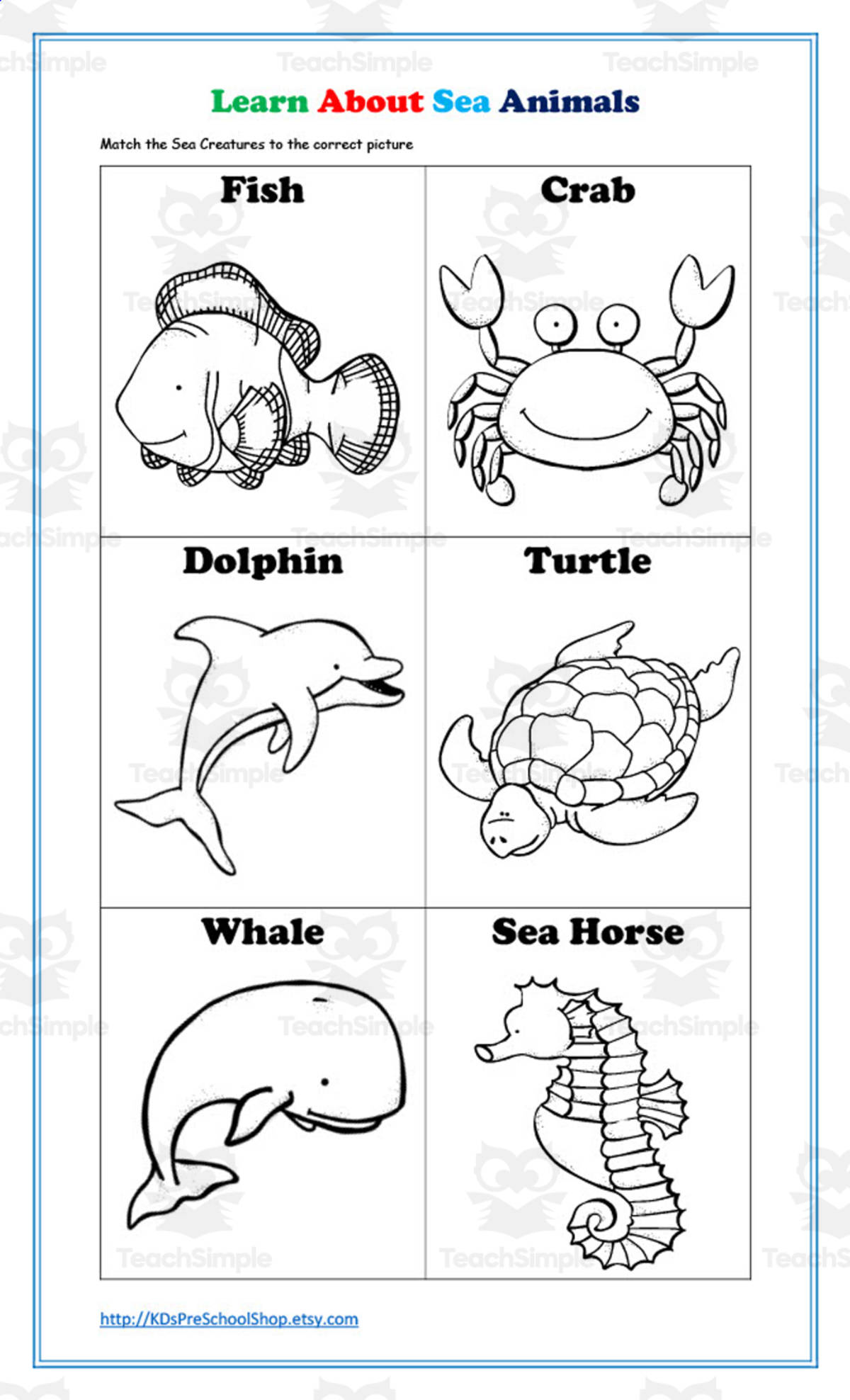 An educational teaching resource from KD's Kids School Shop entitled Learn About Sea Animals downloadable at Teach Simple.