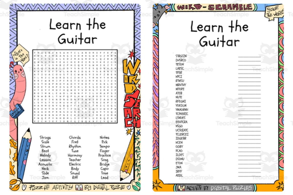 An educational teaching resource from Lapiiin Art Activities entitled Learn the Guitar word search & scramble downloadable at Teach Simple.