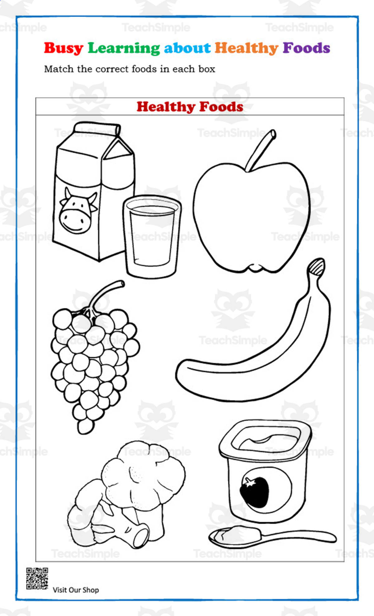 An educational teaching resource from KD's Kids School Shop entitled Healthy Foods Matching Worksheet for Kindergarten downloadable at Teach Simple.