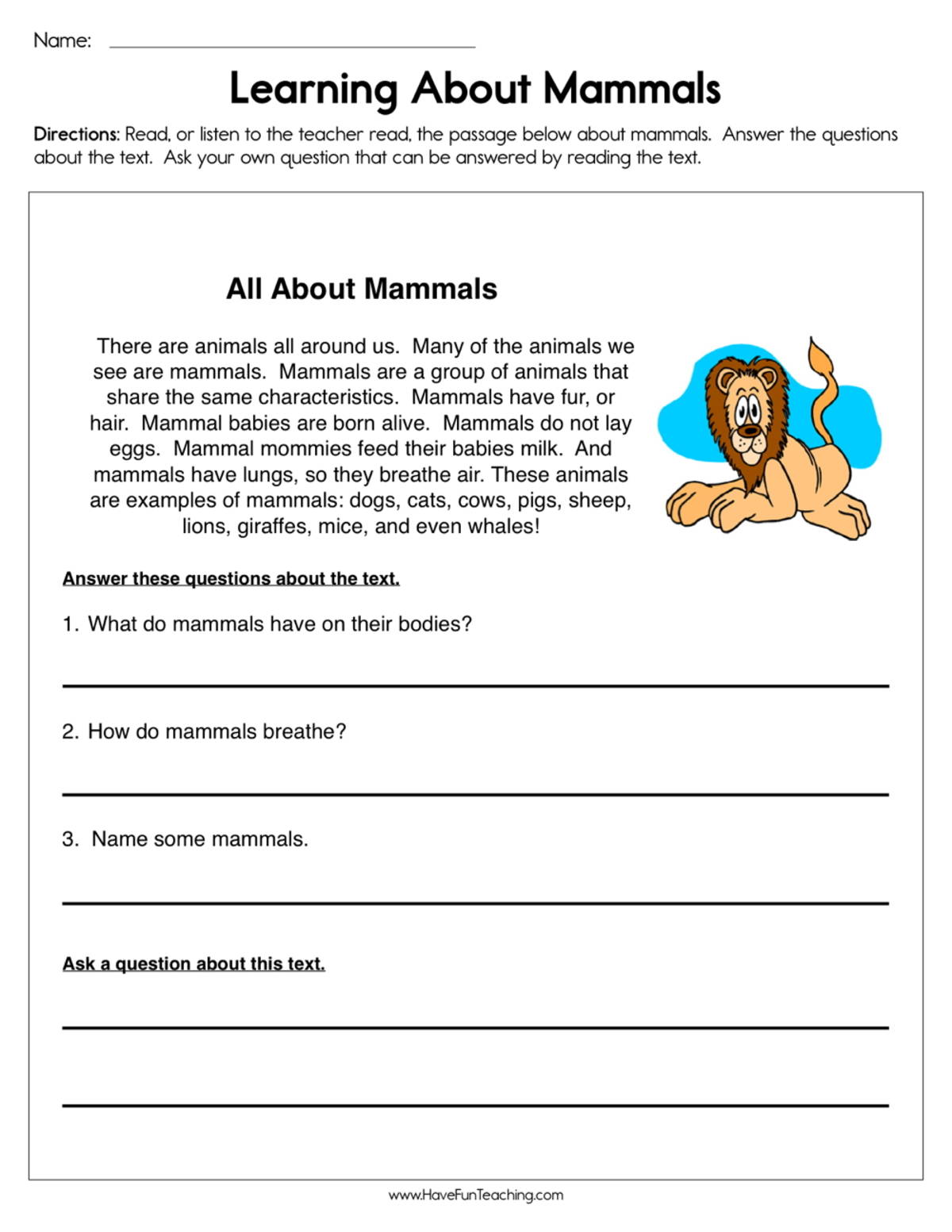 An educational teaching resource from Have Fun Teaching entitled Learning about Mammals Worksheet downloadable at Teach Simple.