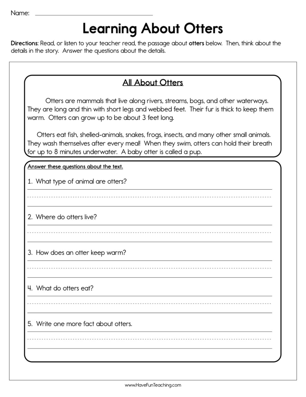 An educational teaching resource from Have Fun Teaching entitled Learning about Otters Worksheet downloadable at Teach Simple.