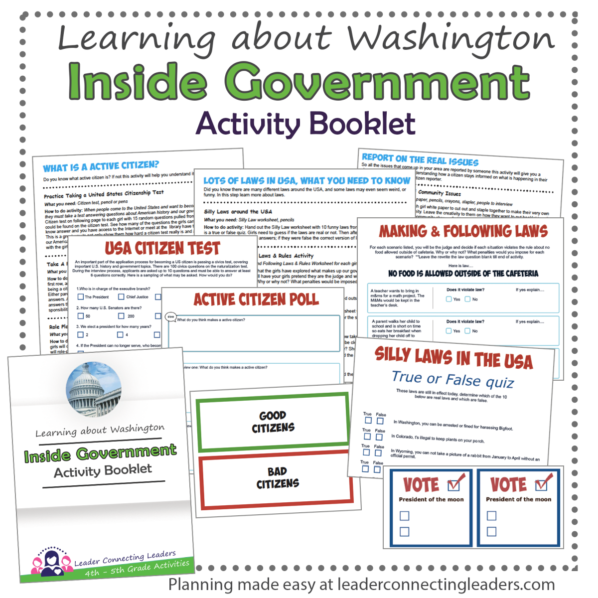 An educational teaching resource from Leader Connecting Leaders entitled Learning about Washington: Inside Government Activity Book downloadable at Teach Simple.