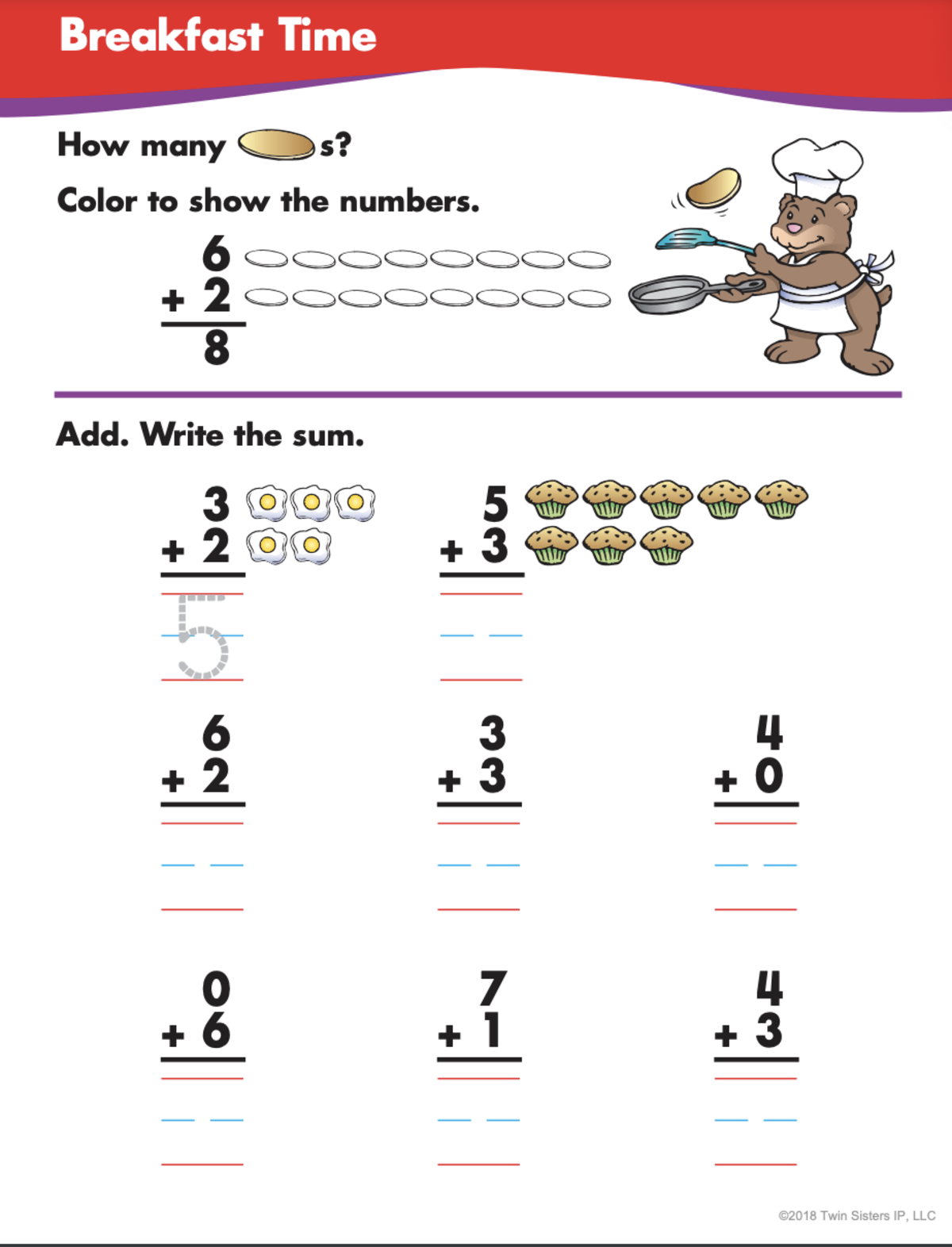 An educational teaching resource from Twin Sisters Digital Media entitled Learning Addition Volume 2 Printable Workbook downloadable at Teach Simple.