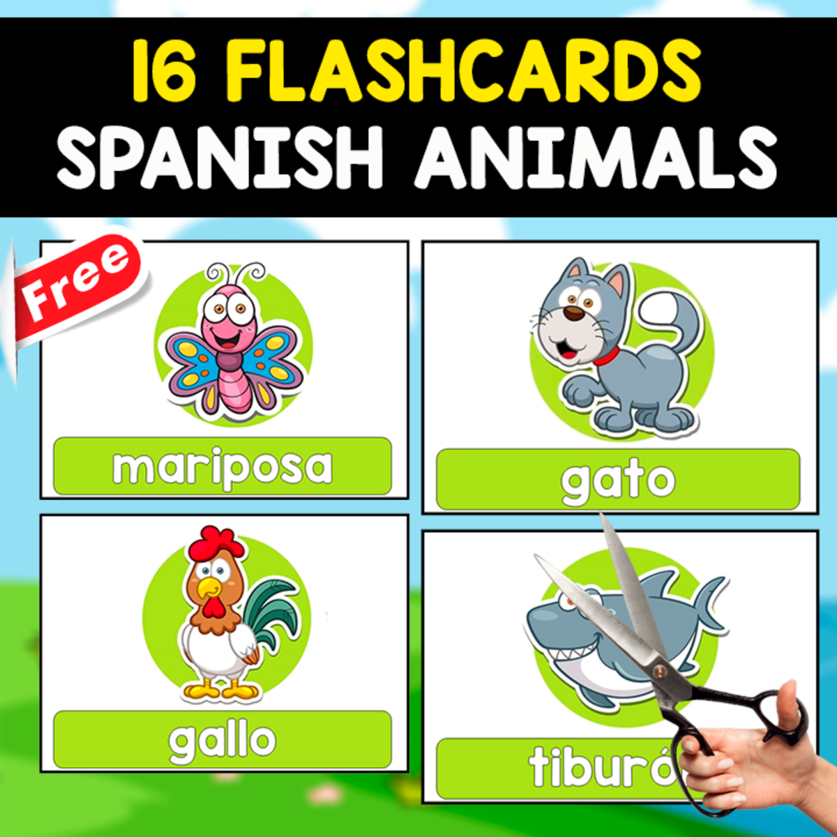 An educational teaching resource from EDITORIAL LAURA EDUCA entitled LEARNING ANIMALS IN SPANISH | 16 FREE FLASHCARDS downloadable at Teach Simple.