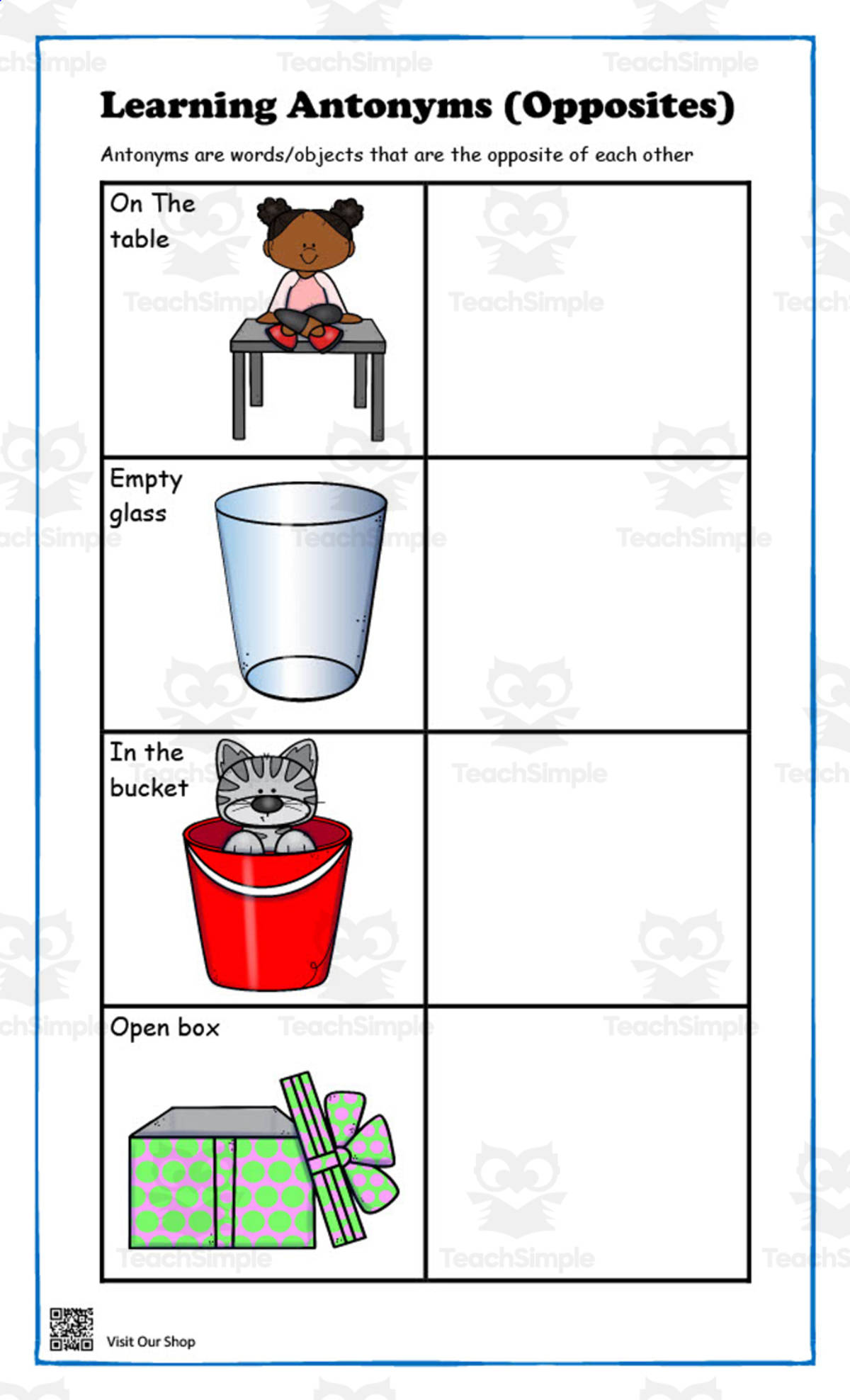 An educational teaching resource from KD's Kids School Shop entitled Learning Antonyms Worksheet downloadable at Teach Simple.