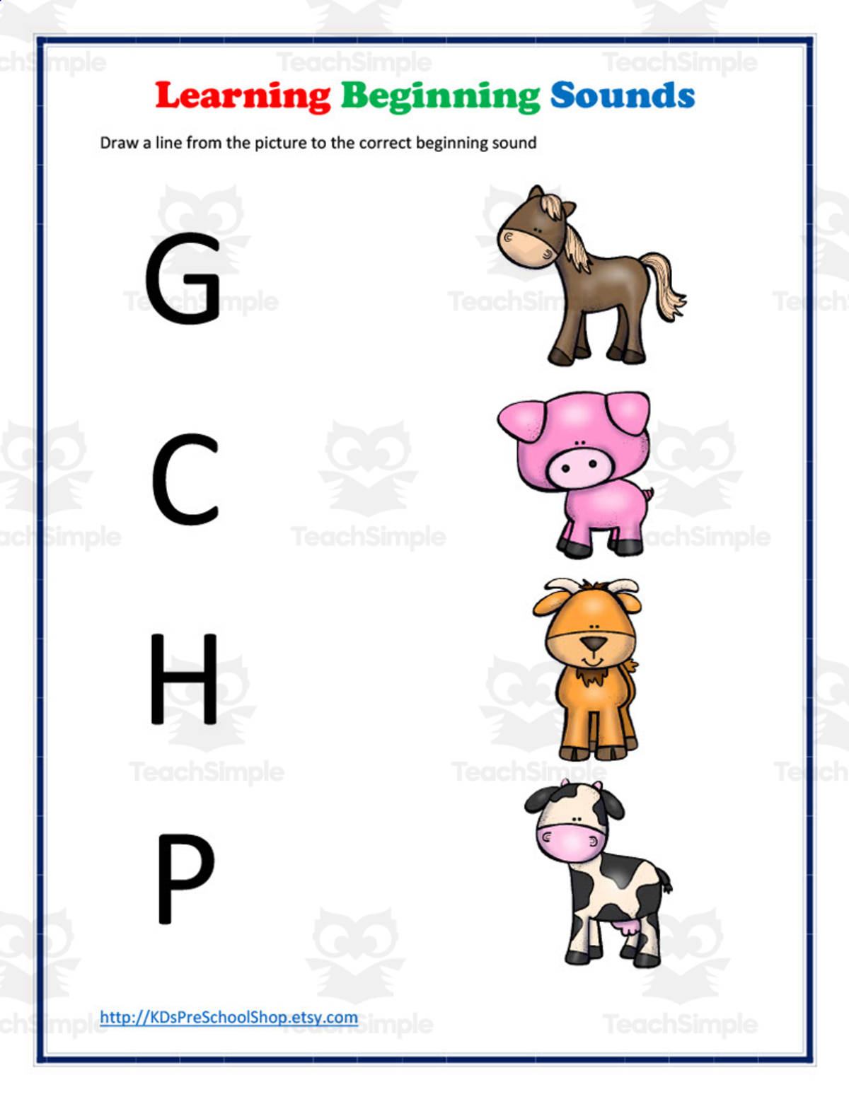 An educational teaching resource from KD's Kids School Shop entitled Beginning Sounds Matching – Letter to Animal Worksheet downloadable at Teach Simple.