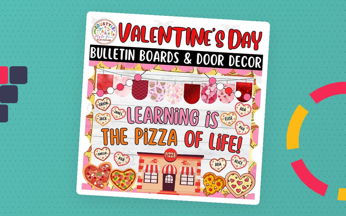 An educational teaching resource from Style Your Classroom entitled Learning is the pizza: Valentine's Day Bulletin Board & Door Decor kit downloadable at Teach Simple.