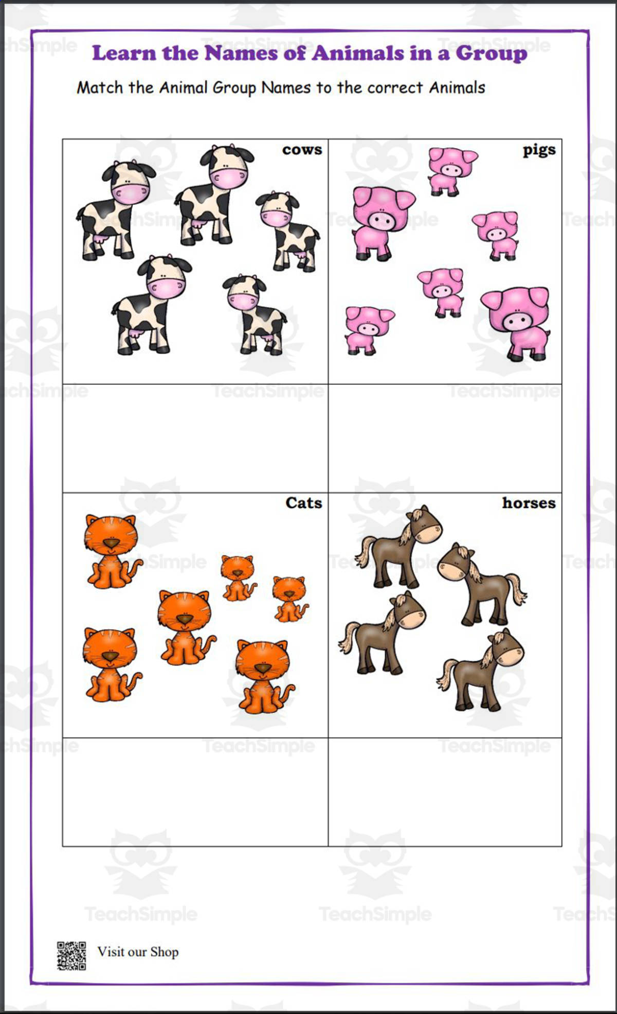 An educational teaching resource from KD's Kids School Shop entitled Learning Names of Animals in a Group    Pre-K  Kinder  Homeschool downloadable at Teach Simple.