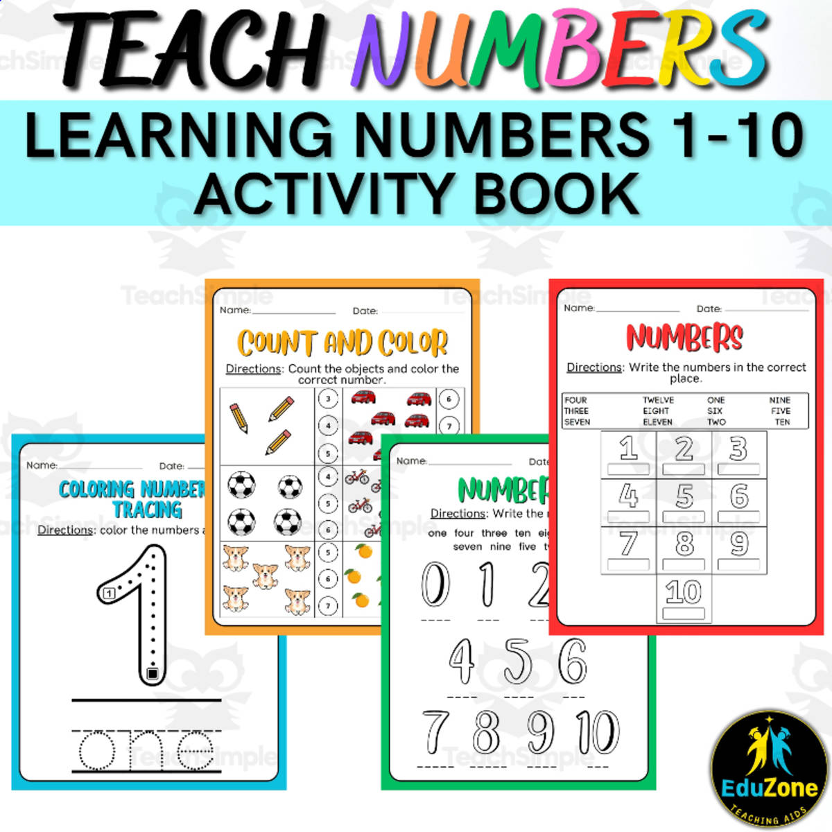 An educational teaching resource from Style Your Classroom entitled Learning Numbers 1-10 Activity Book Fun Early Learning Book! downloadable at Teach Simple.
