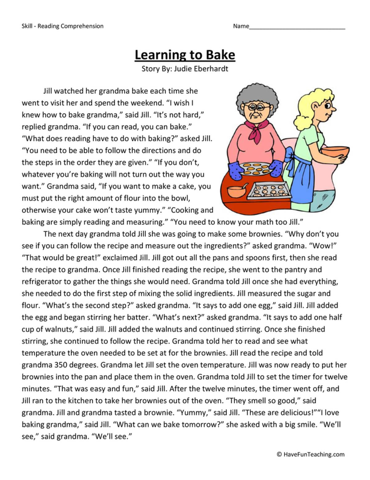 An educational teaching resource from Have Fun Teaching entitled Learning to Bake Reading Comprehension Worksheet downloadable at Teach Simple.