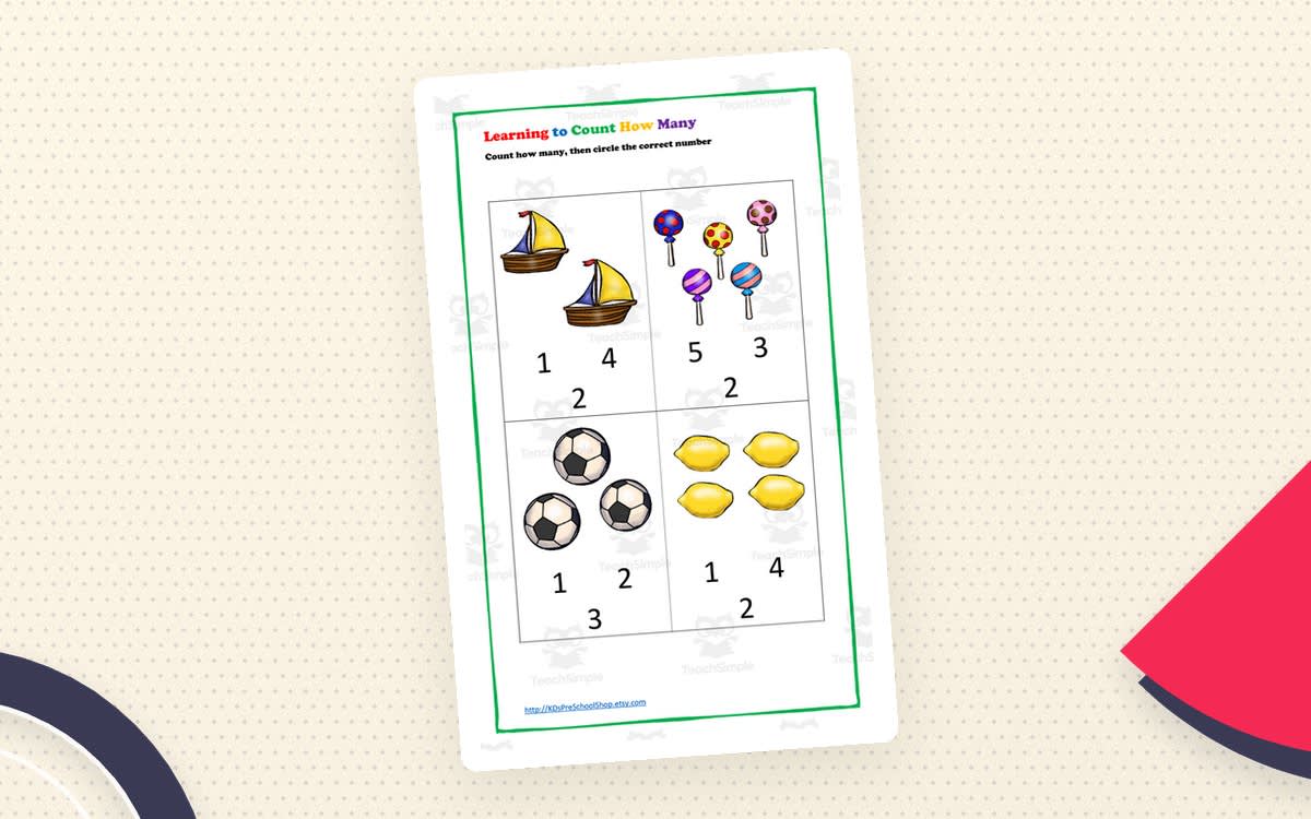 An educational teaching resource from KD's Kids School Shop entitled Learning to Count How Many Worksheets downloadable at Teach Simple.